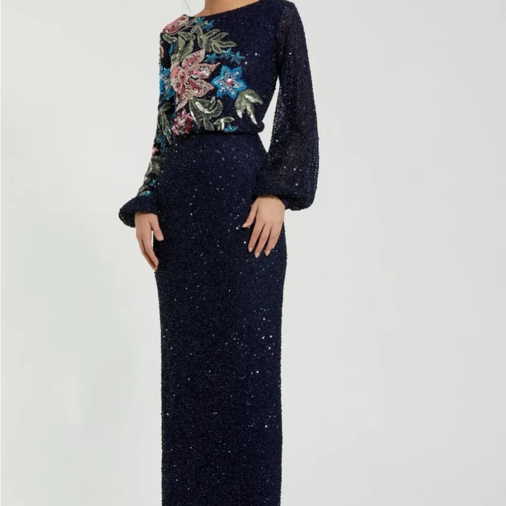 Mac Duggal Navy Sequin Maxi Dress